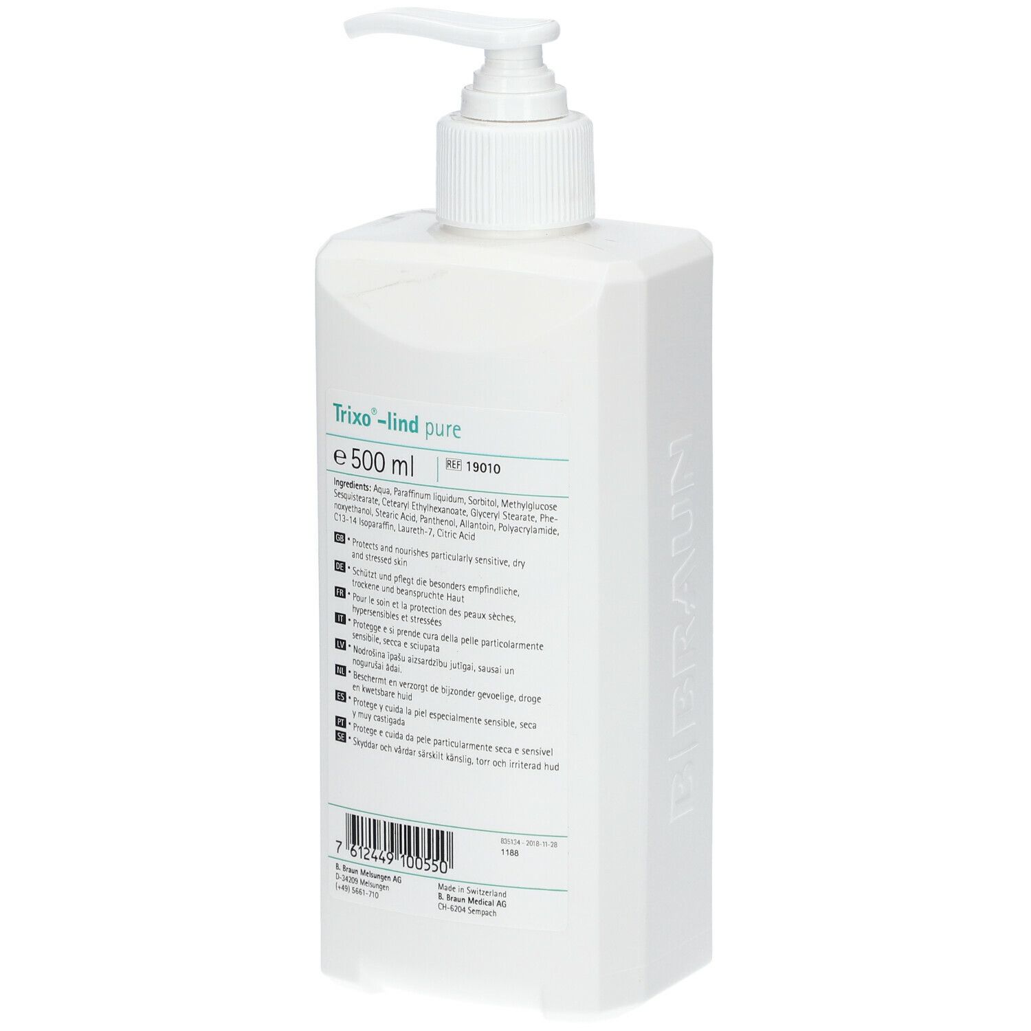 Flacon de lotion blanc avec pompe doseuse. Inscription : Trixo-lind pure, 500 ml. Logo B. Braun. Dos avec informations sur le produit.