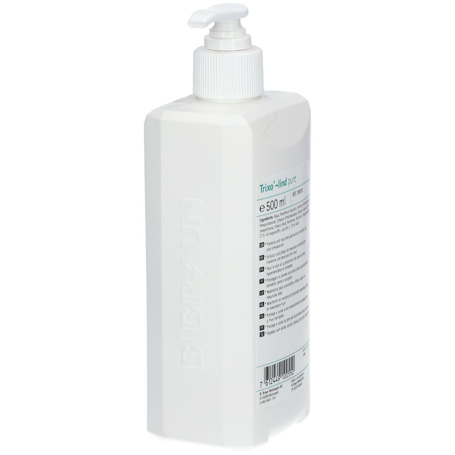 Flacon de lotion blanc avec pompe doseuse. Inscription : Trixo-lind pure, 500 ml. Logo B. Braun. Dos avec informations sur le produit.