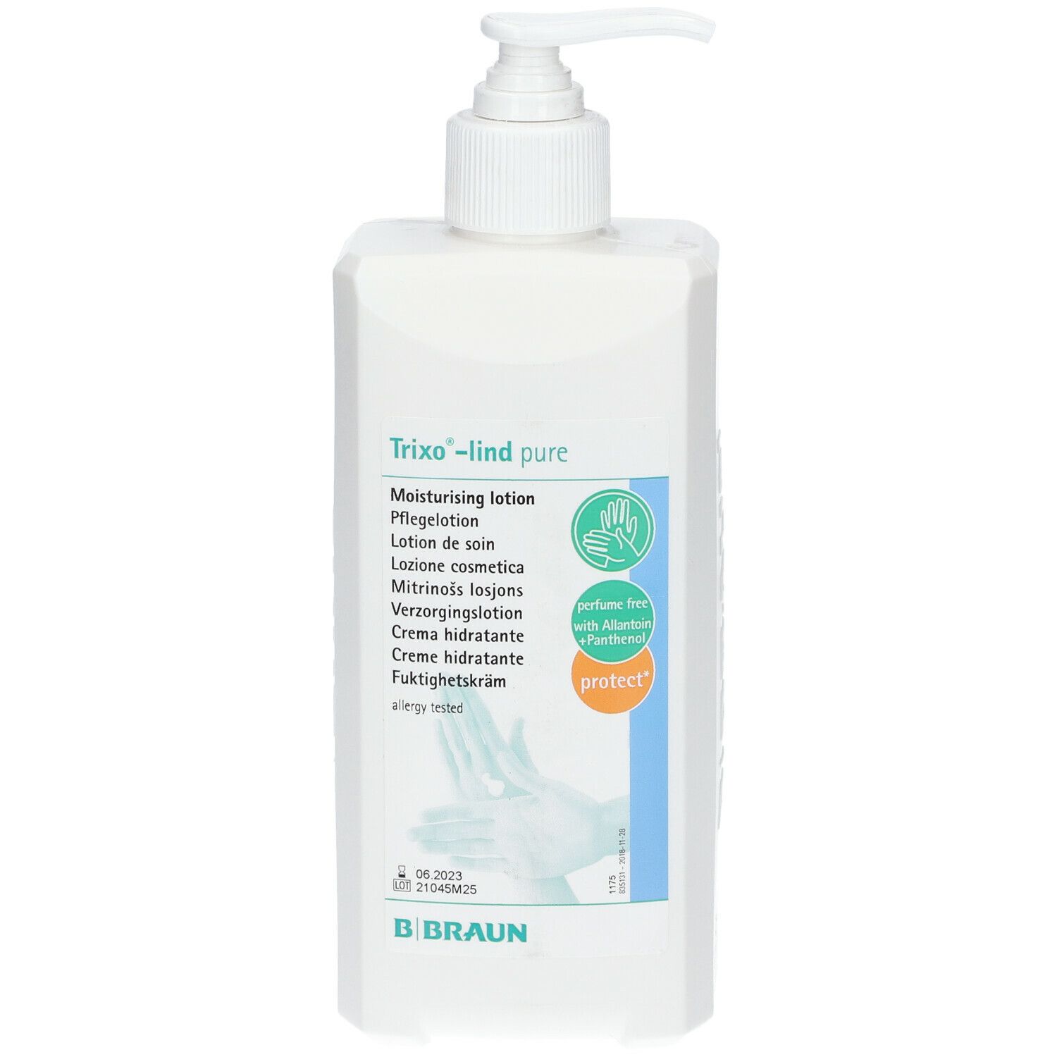 Flacon de lotion blanc avec pompe doseuse. Inscription : Trixo-lind pure, lotion de soin. Logo B. Braun. Avec illustration de mains.