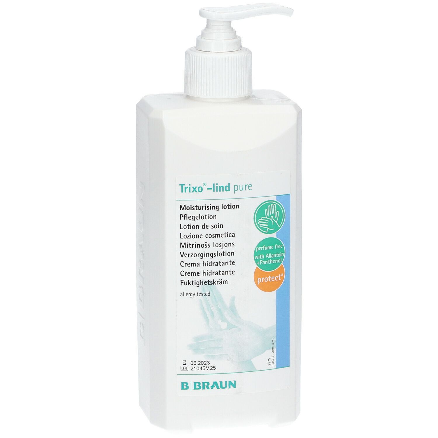 Flacon de lotion blanc avec pompe doseuse. Inscription : Trixo-lind pure, lotion de soin. Logo B. Braun. Avec illustration de mains.