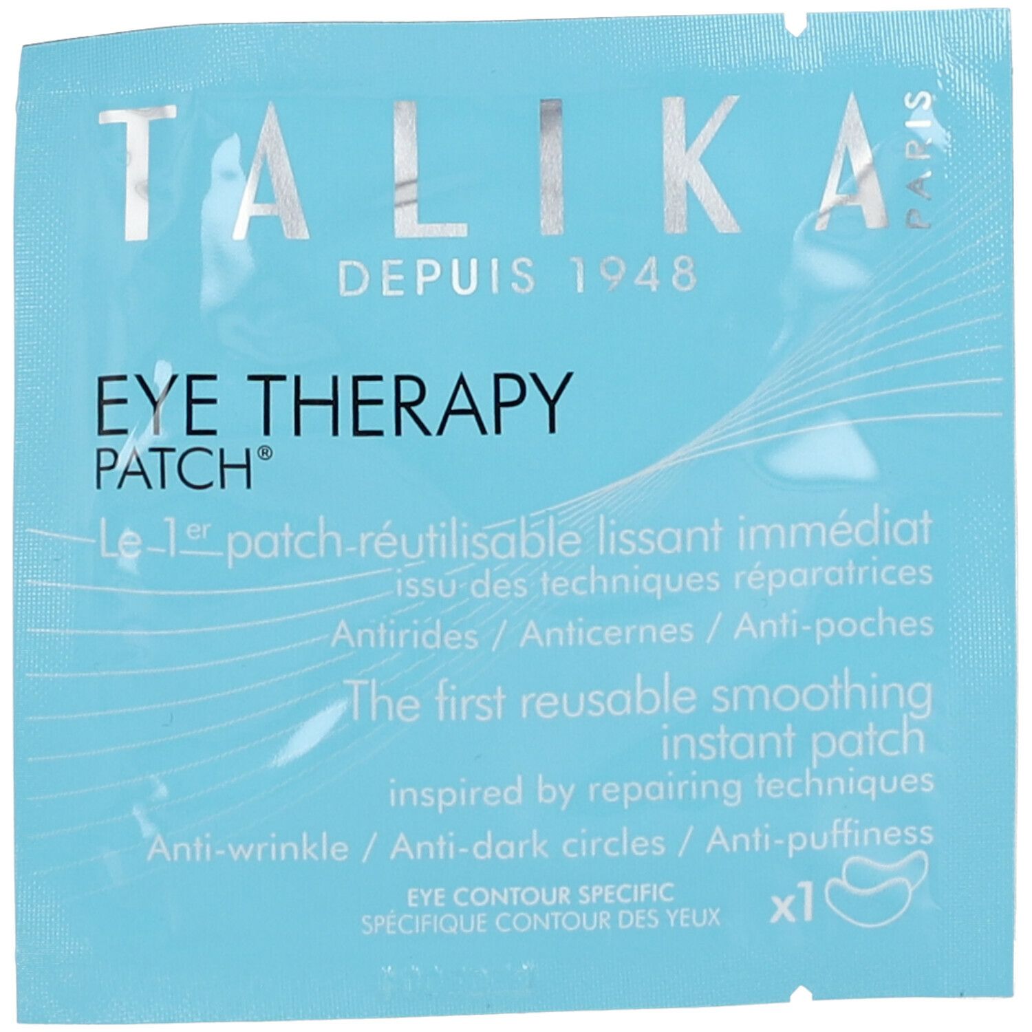 Emballage TALIKA patch oculaire. Fond bleu clair avec nom du produit et texte. Un patch oculaire est illustré.