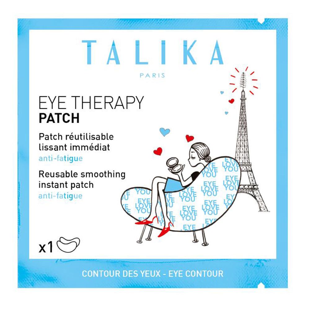 Emballage TALIKA patch oculaire. Illustration d'une femme sur une chaise avec la Tour Eiffel. Texte: Eye Therapy Patch.