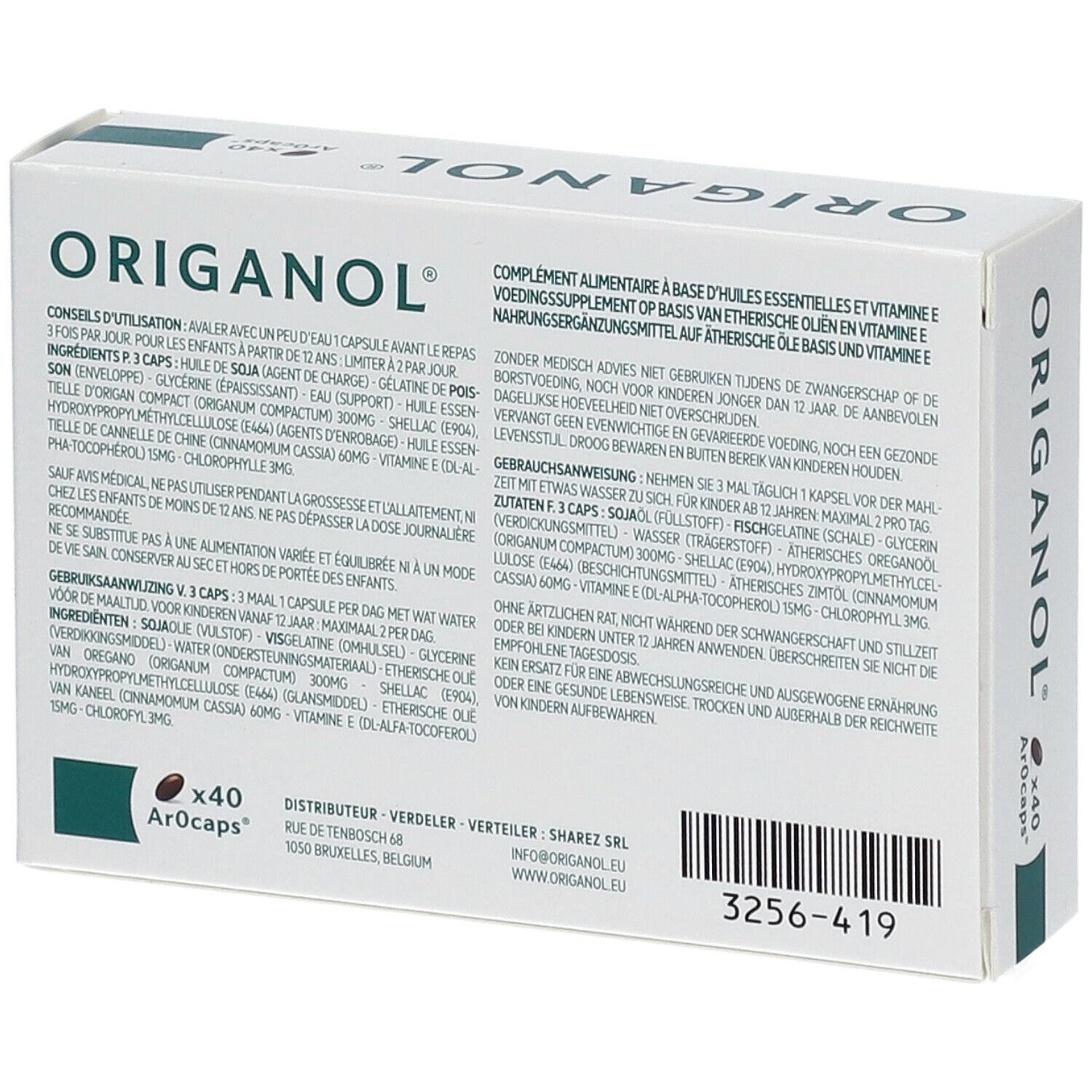 Dos de la boîte avec informations produit et mode d'emploi. Contient 40 gélules. Emballage jaune et blanc.