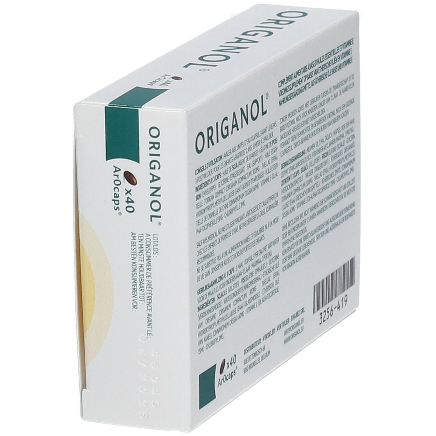 Dos de la boîte avec informations produit. Contient 40 gélules. Emballage jaune et blanc avec des accents verts.