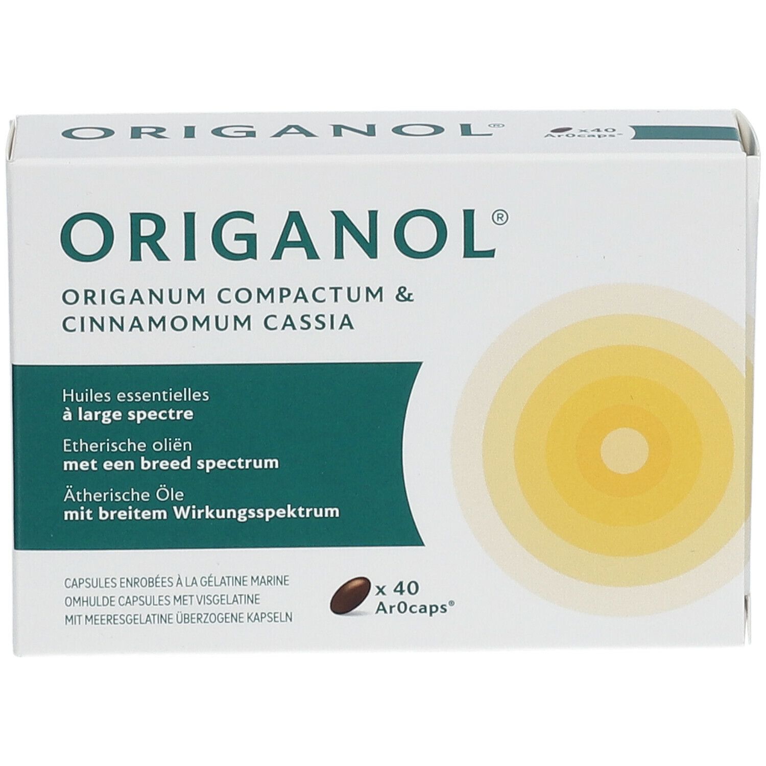 Boîte avec nom du produit et ingrédients. Contient 40 gélules. Emballage jaune et blanc avec des accents verts.