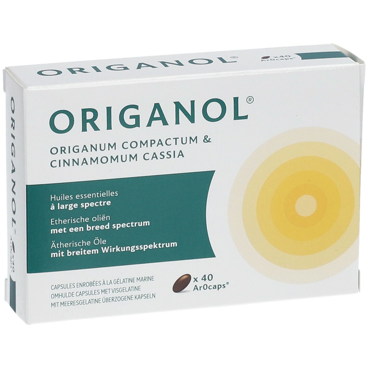 Boîte avec nom du produit et ingrédients. Contient 40 gélules. Emballage jaune et blanc avec des accents verts.