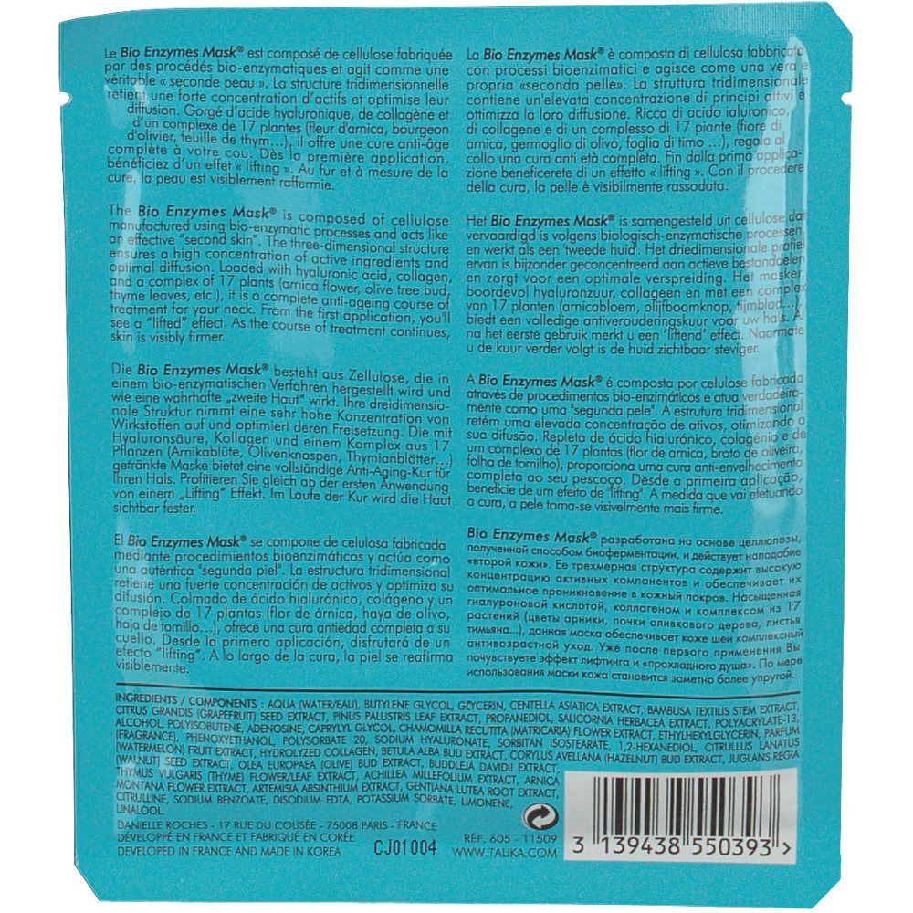 Rückseite der TALIKA Bio Enzymes Mask Anti-Aging Neck Verpackung mit Text und Inhaltsstoffen.