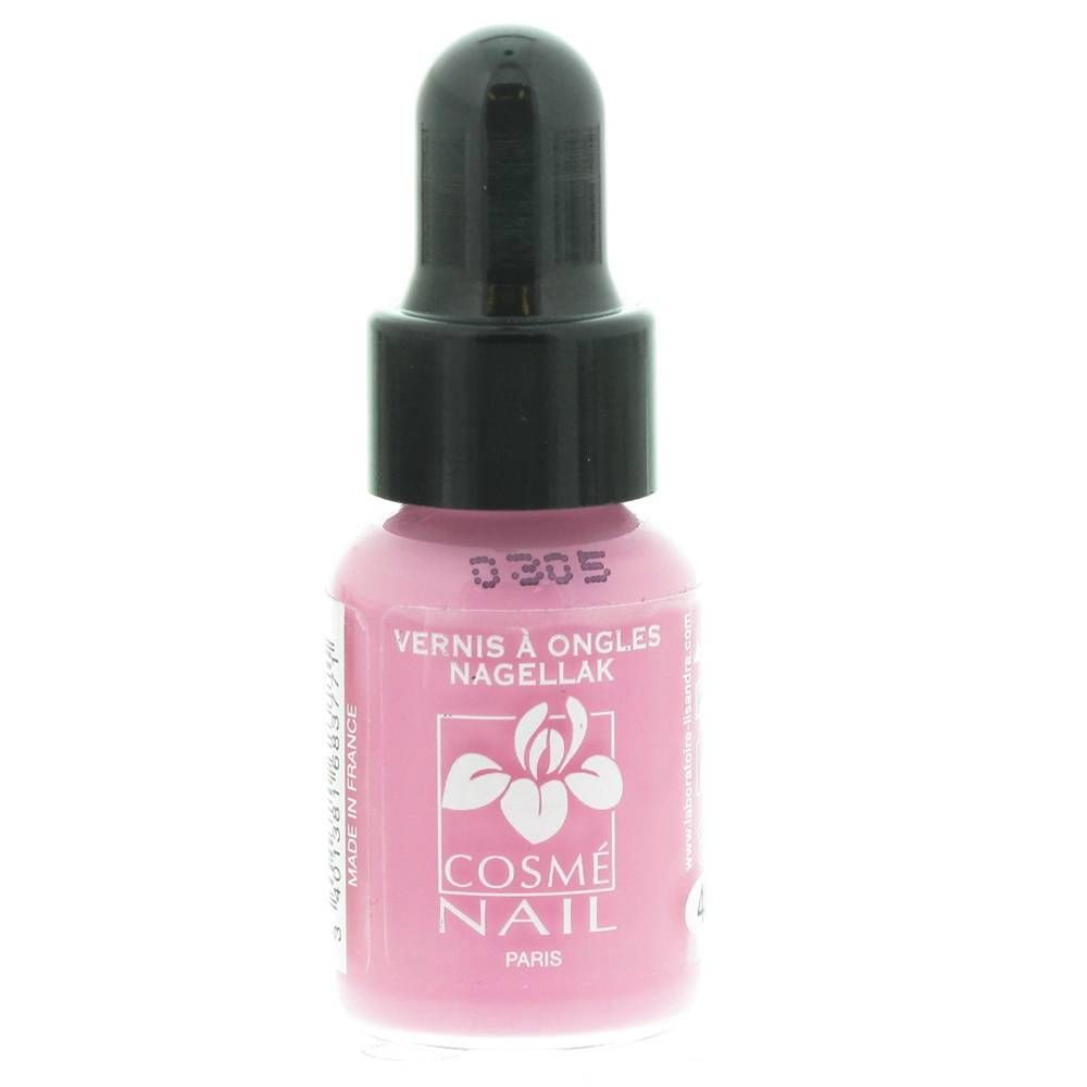 Flacone di smalto rosa con tappo nero. Scritta: Cosmé Nail Paris.