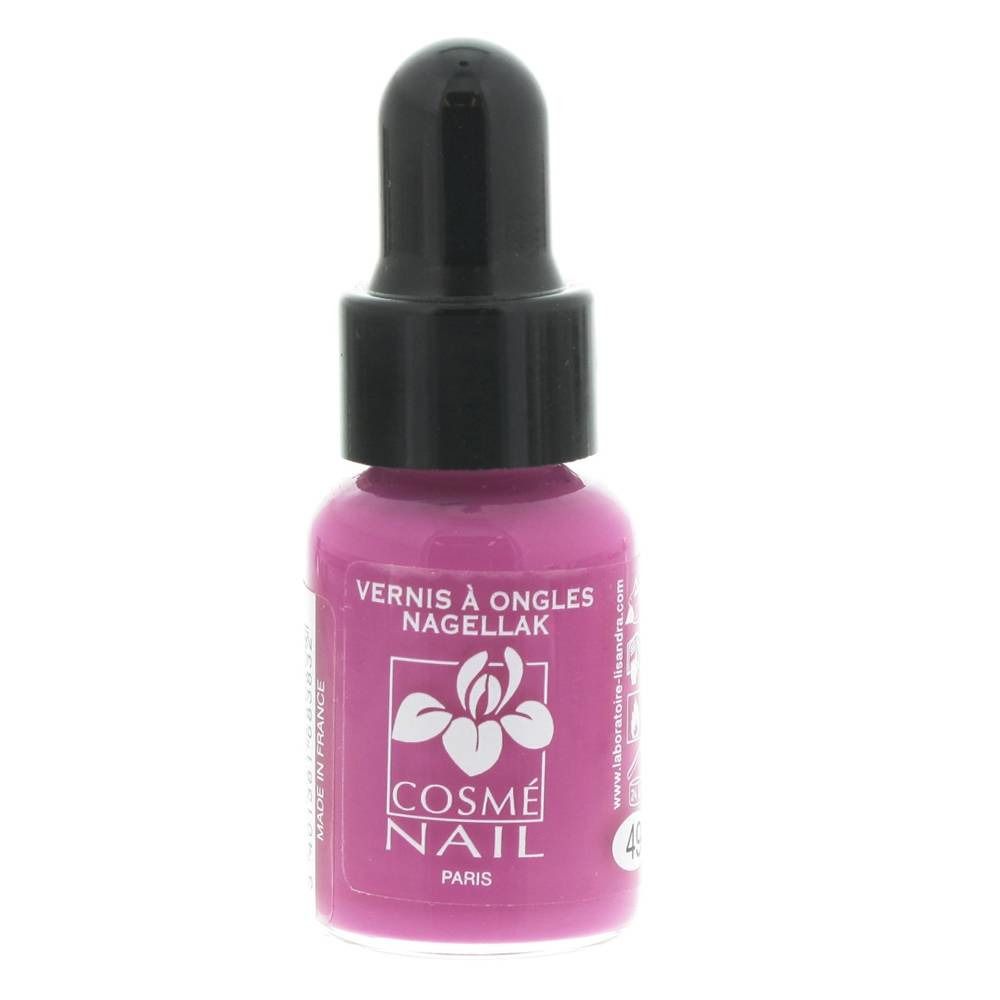 Flacon de vernis à ongles Persisch Pink. Bouchon noir avec applicateur. Marque: Cosmé Nail. Inscription: Vernis à Ongles Nagellak.