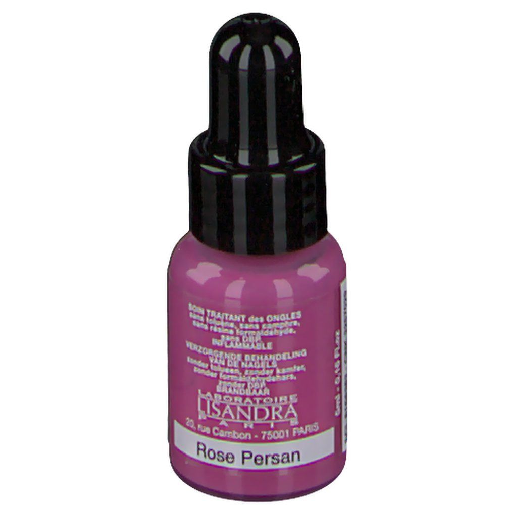 Flacon de vernis à ongles Persisch Pink. Bouchon noir. Inscription: Rose Persan. Marque: Lisandra. Adresse: 20, rue Cambon, Paris.