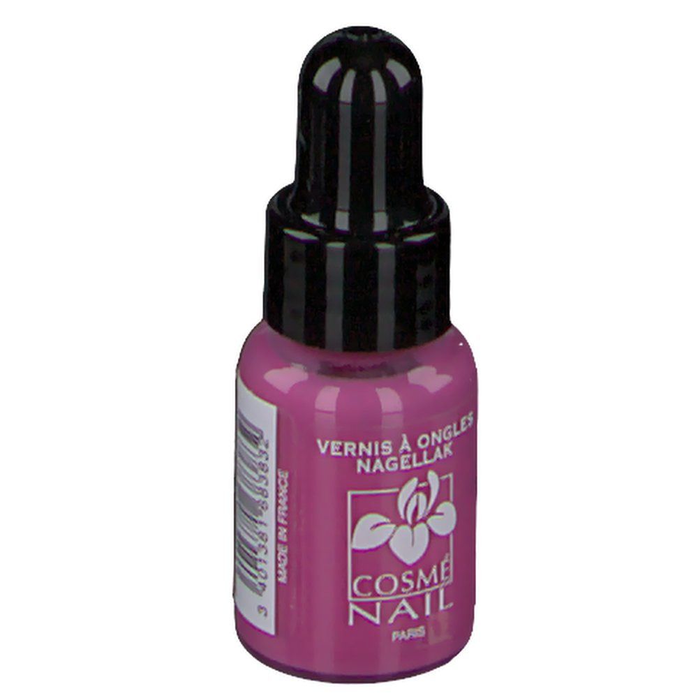 Flacon de vernis à ongles Persisch Pink. Bouchon noir. Inscription: Vernis à Ongles Nagellak. Marque: Cosmé Nail. Fabriqué en France.