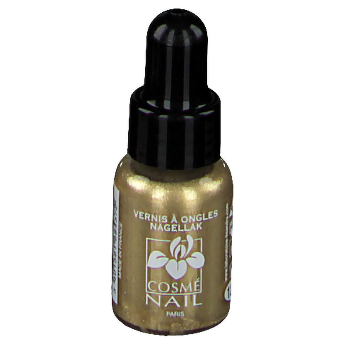 Flacon de vernis à ongles doré avec bouchon noir. Inscription: COSMÈ NAIL Paris. Produit 123.