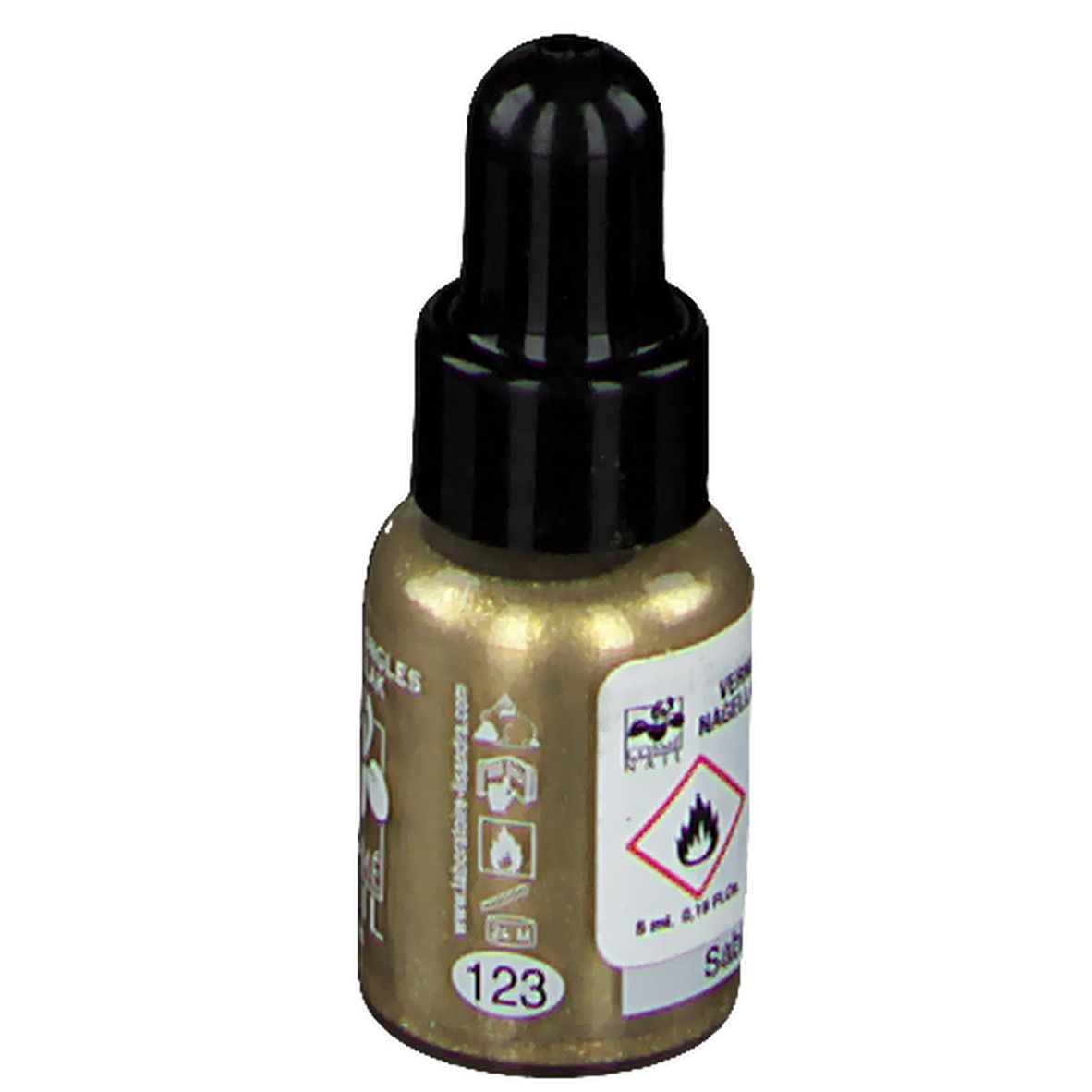 Flacon de vernis à ongles doré avec bouchon noir. Inscription: COSMÈ NAIL Paris. Produit 123. Avertissement.