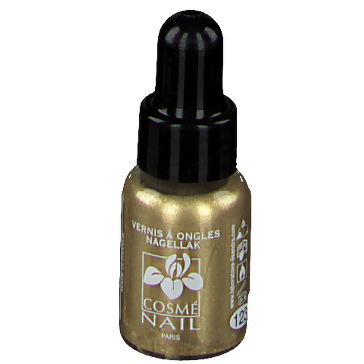 Flacon de vernis à ongles doré avec bouchon noir. Inscription: COSMÈ NAIL Paris. Produit 129.
