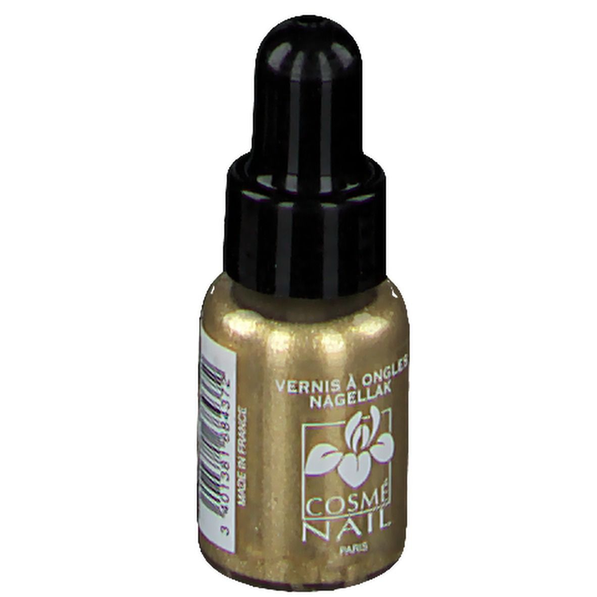 Flacon de vernis à ongles doré avec bouchon noir. Inscription: COSMÈ NAIL Paris. Code-barres.