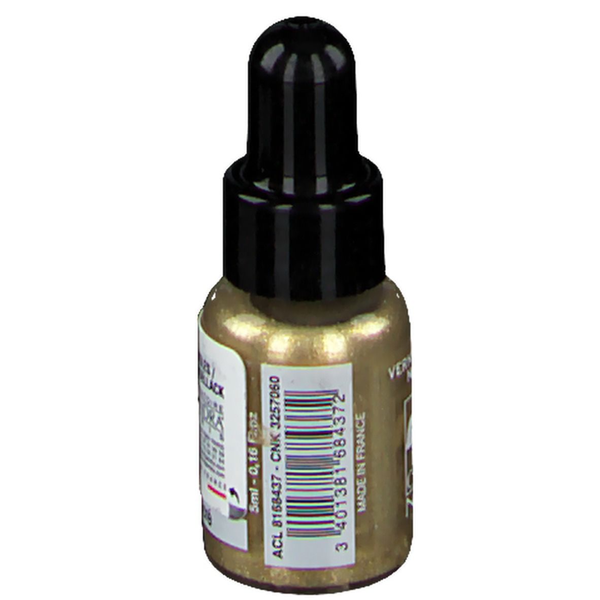 Flacon de vernis à ongles doré avec bouchon noir. Inscription: COSMÈ NAIL Paris. Informations produit.