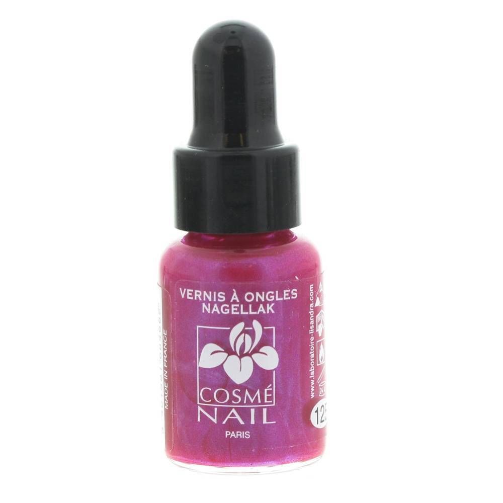 Flacon de vernis à ongles rose. Bouchon noir. Inscription: COSMÈ NAIL PARIS.