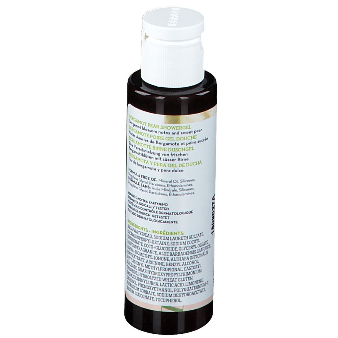 Flacon de gel douche KORRES, dos avec ingrédients et informations produit. Bouchon blanc.