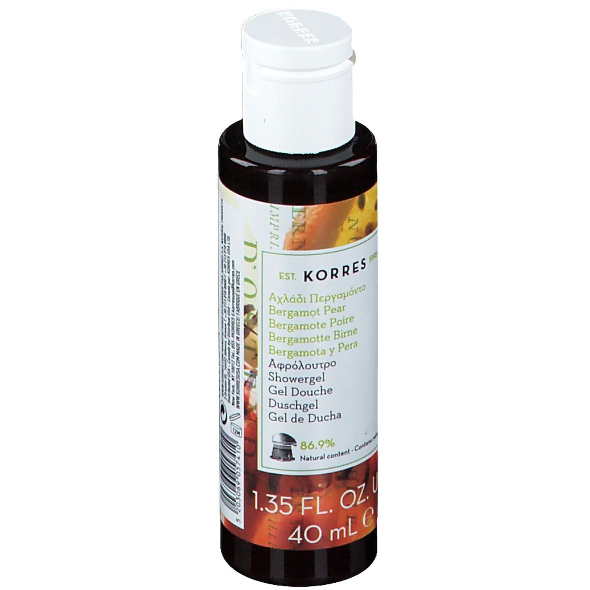 Flacon de gel douche KORRES, bouchon blanc, étiquette avec nom et ingrédients. 40 ml.