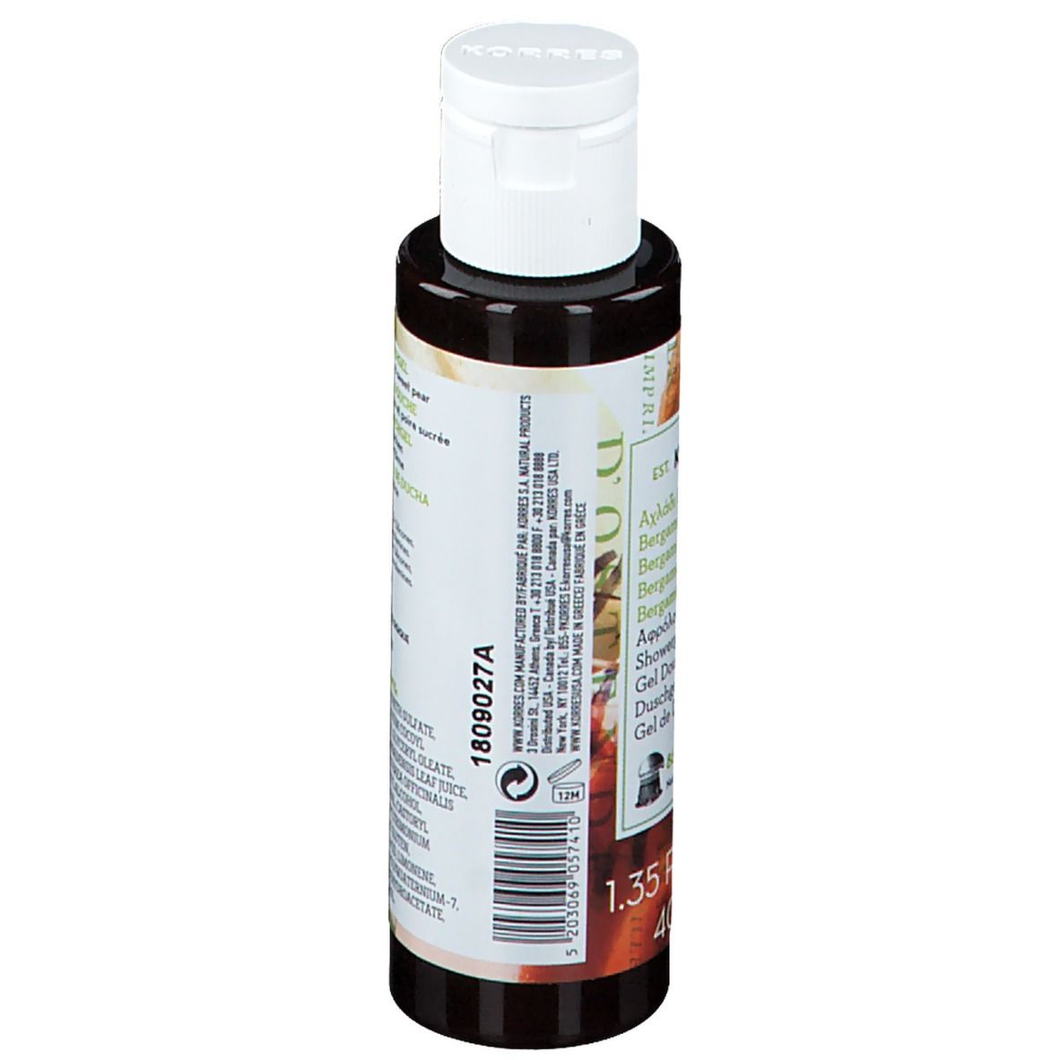 Flacon de gel douche KORRES, dos avec informations produit et code-barres. Bouchon blanc.