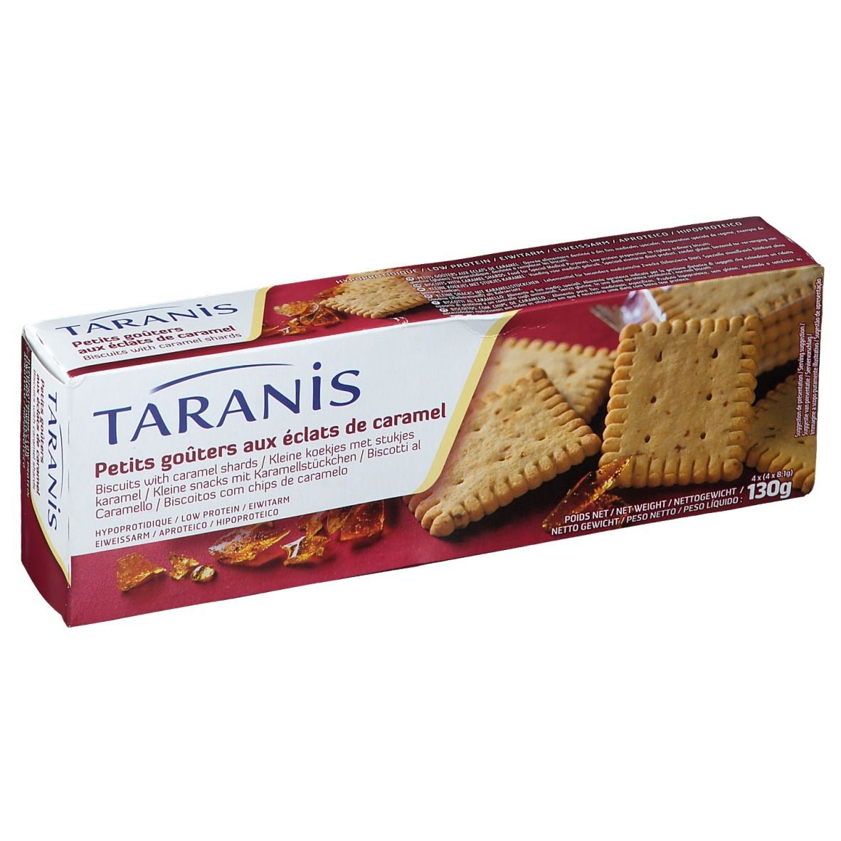 Boîte de biscuits avec éclats de caramel. Le nom du produit est visible. Des biscuits sont représentés.