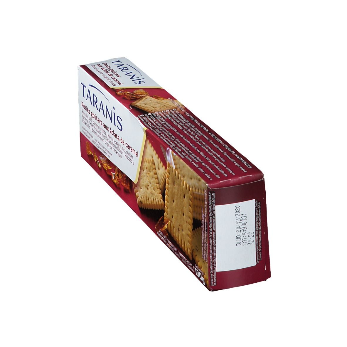 Boîte de biscuits vue en biais. Nom du produit visible. Des biscuits sont représentés.