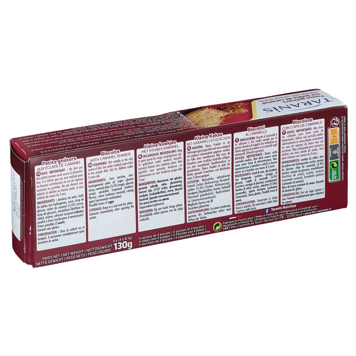 Dos de la boîte de biscuits. Informations produit multilingues et informations nutritionnelles.