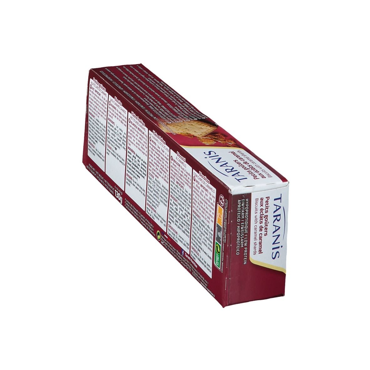 Boîte de biscuits vue en biais. Nom du produit visible. Des biscuits sont représentés.