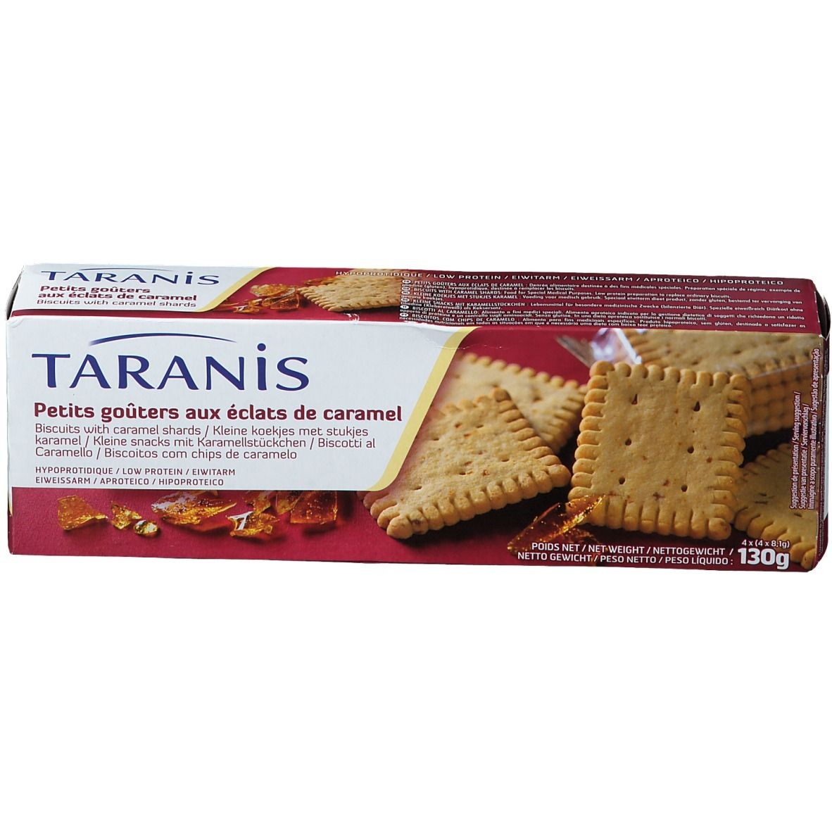 Boîte de biscuits avec éclats de caramel. Le nom du produit est visible. Des biscuits sont représentés.