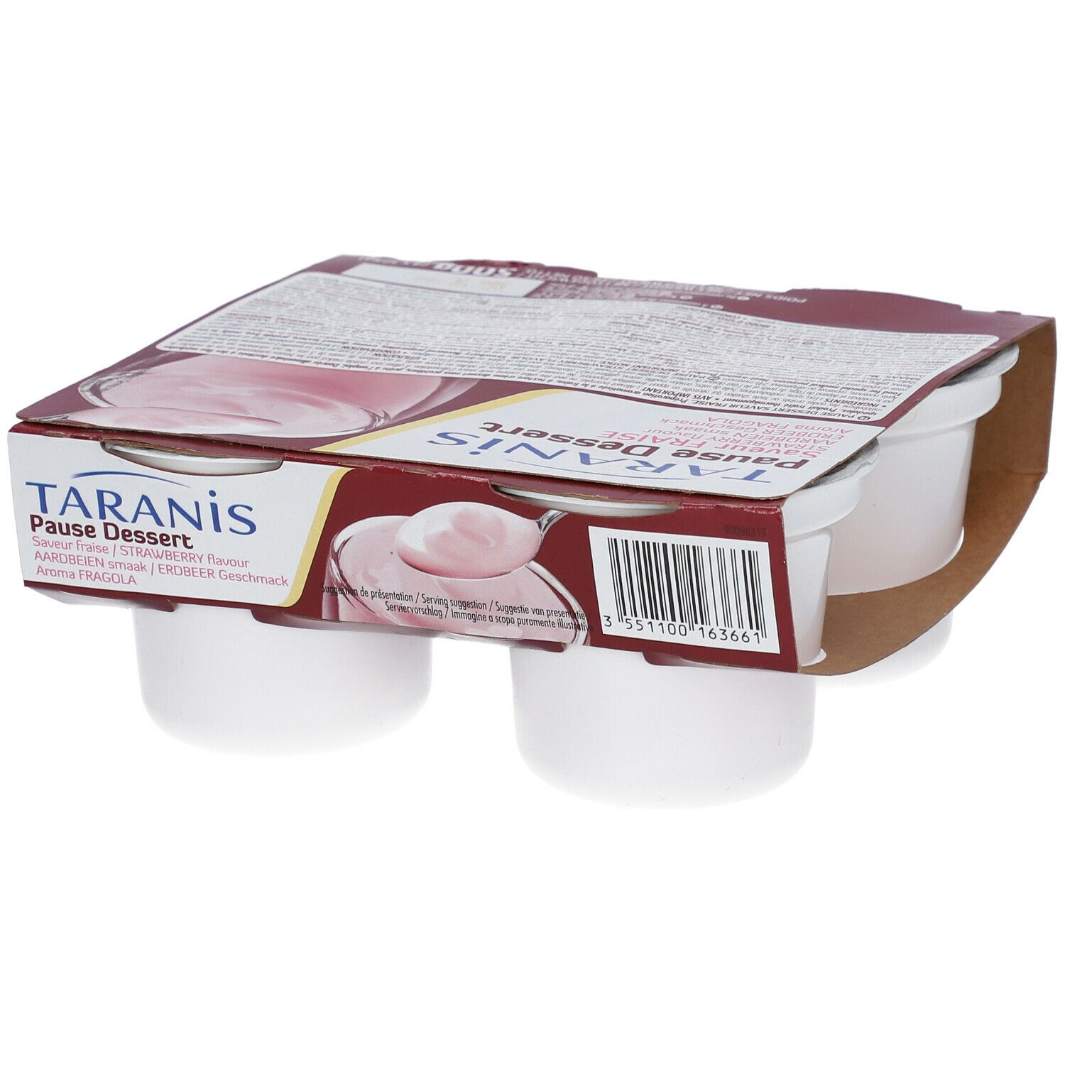 Verpakking met vier witte dessertbekers. Opschrift: TARANIS Pause Dessert aardbei smaak. Kartonnen verpakking.