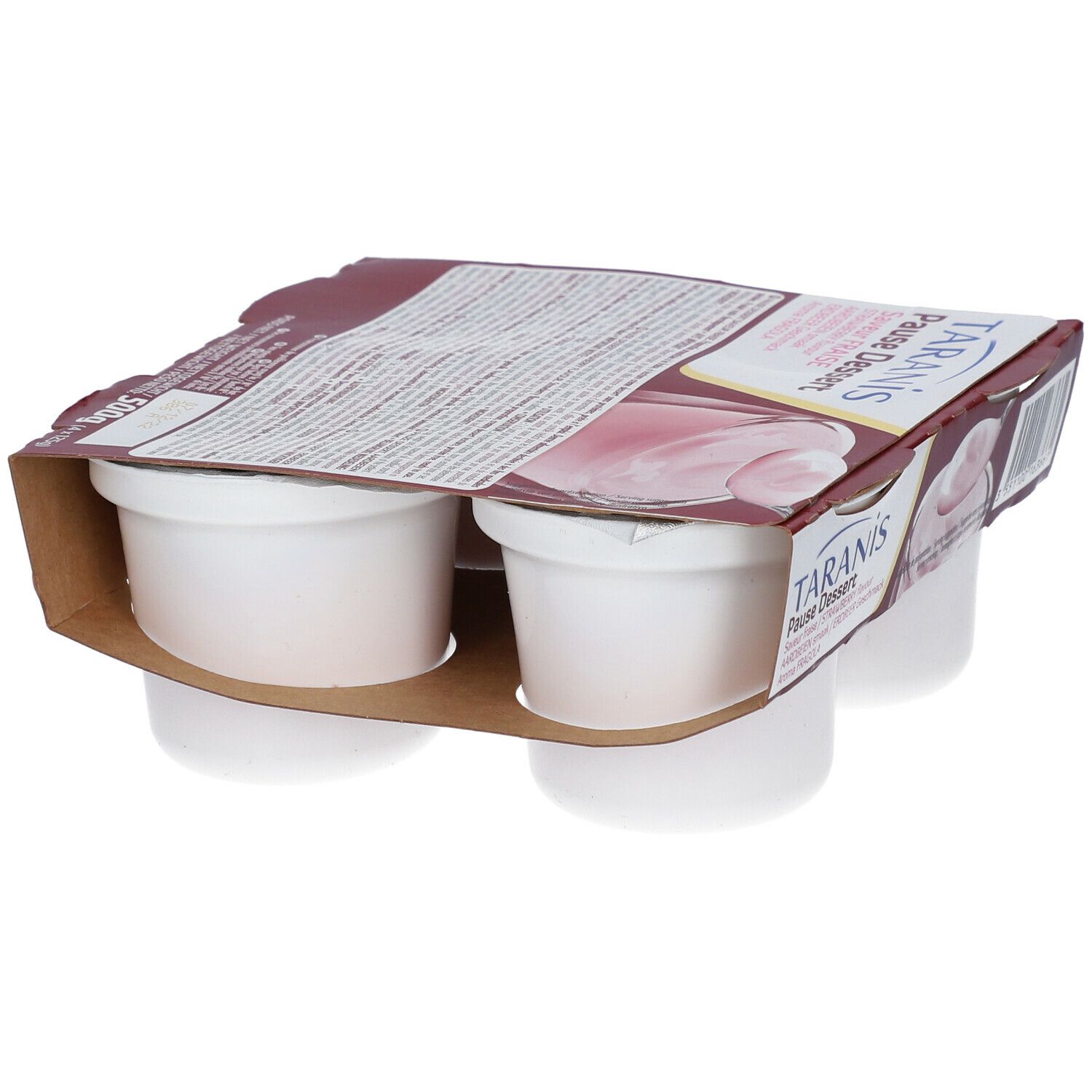 Verpakking met vier witte dessertbekers. Opschrift: TARANIS Pause Dessert aardbei smaak. Kartonnen verpakking.