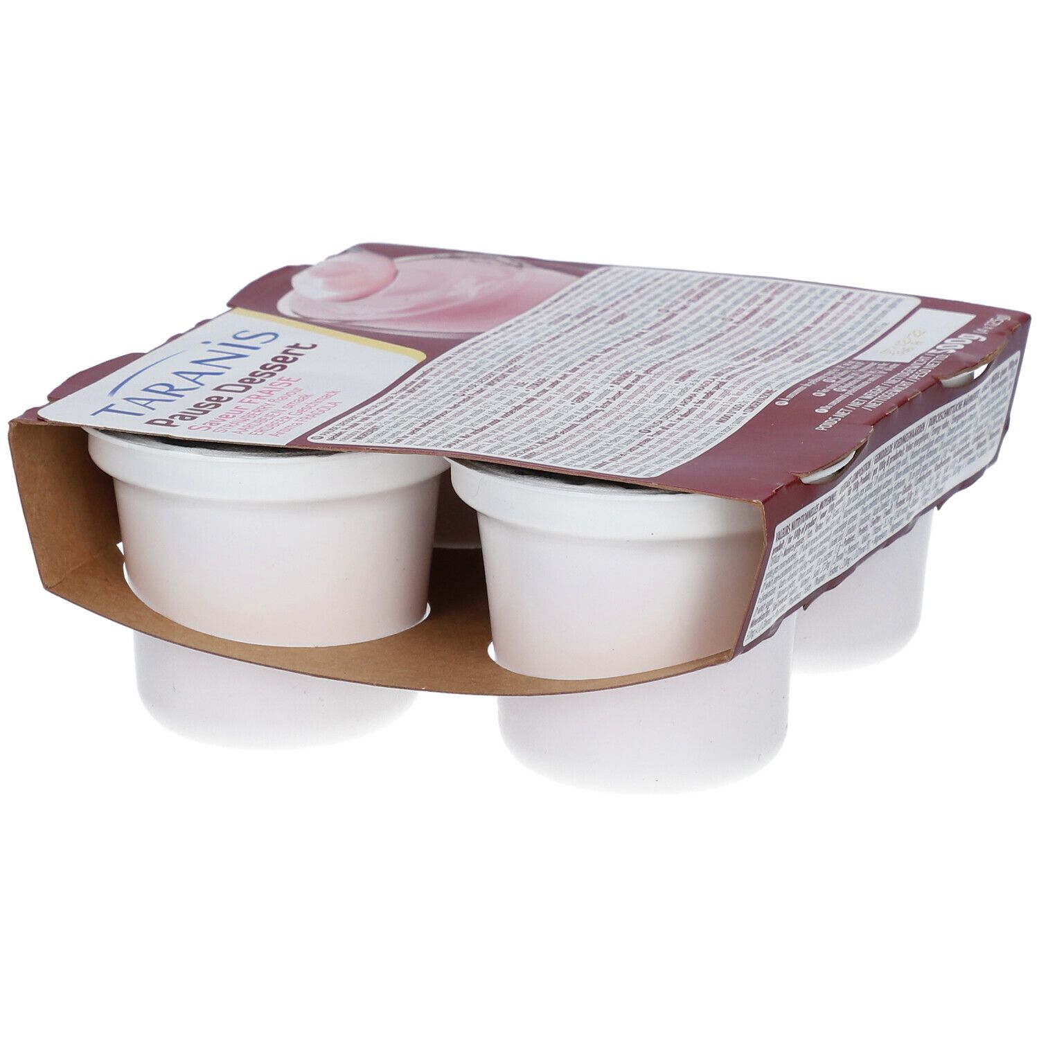Verpakking met vier witte dessertbekers. Opschrift: TARANIS Pause Dessert aardbei smaak. Kartonnen verpakking.