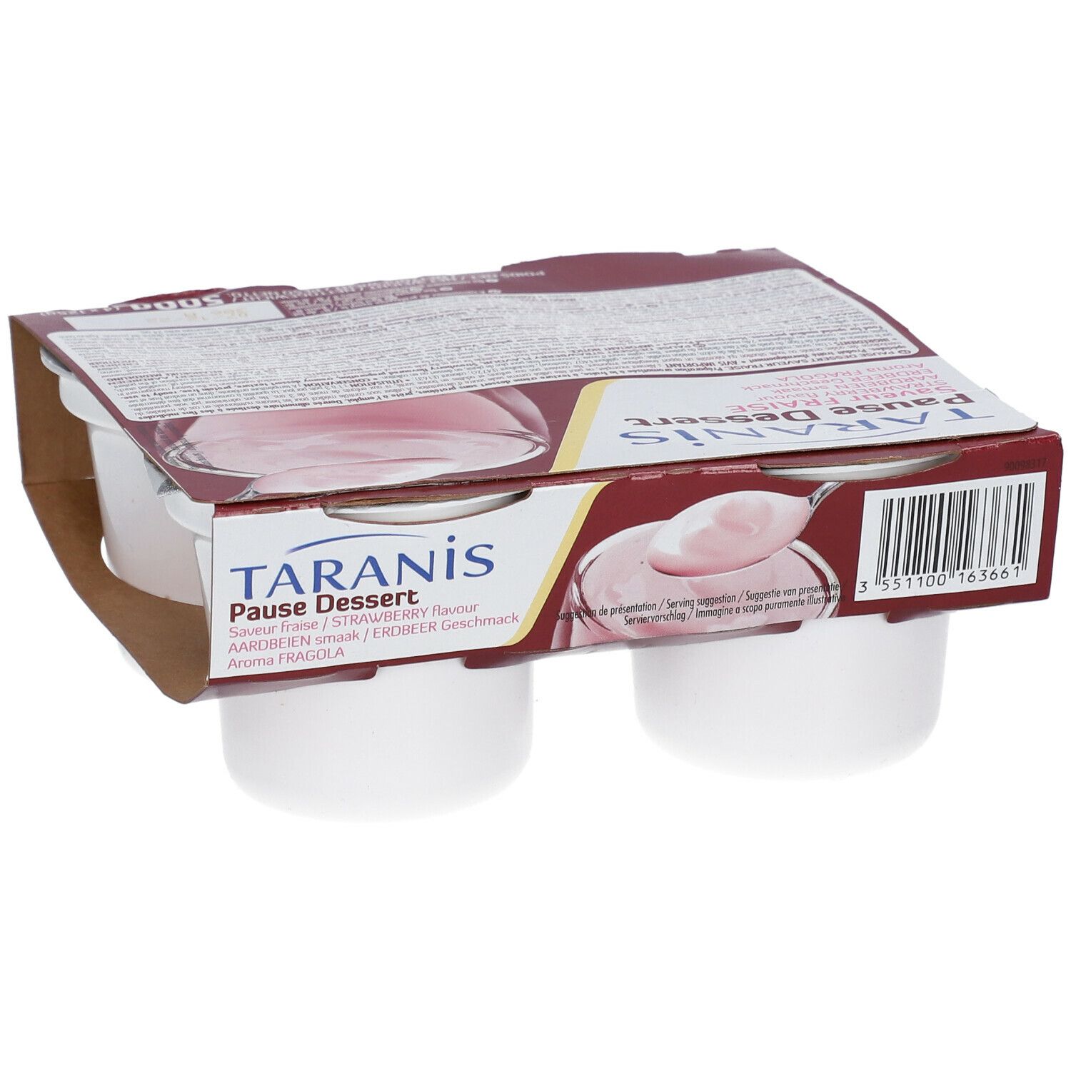 Verpakking met vier witte dessertbekers. Opschrift: TARANIS Pause Dessert aardbei smaak. Kartonnen verpakking.