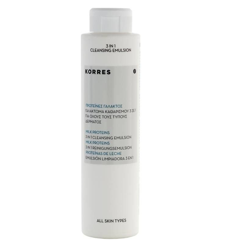 Wit flesje met witte dop. Opschrift: KORRES, 3 in 1 Cleansing Emulsion, Proteïnen de Lait.