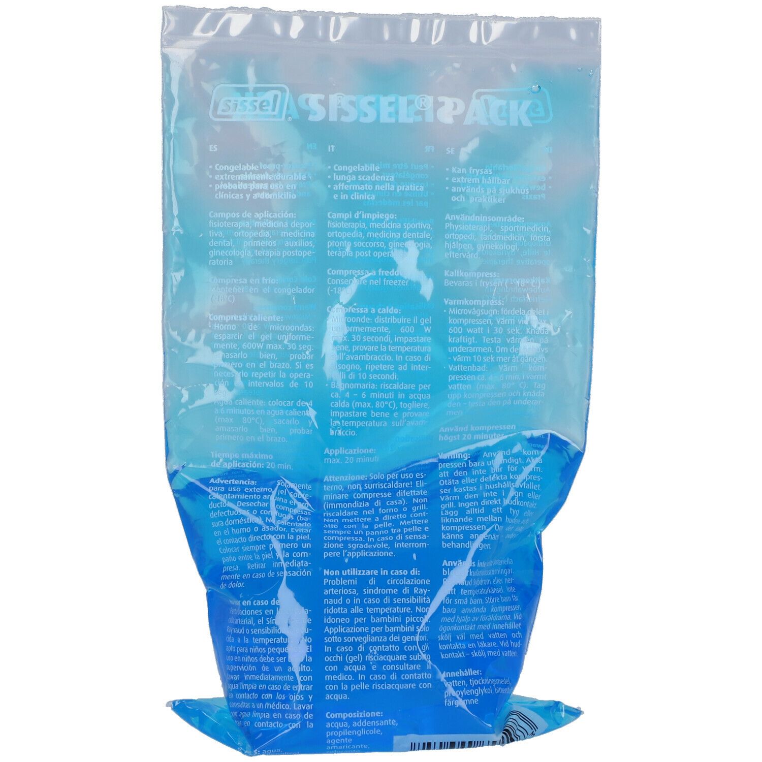 Compresse SISSEL® SELFPACK transparente. Gel bleu dans une enveloppe plastique. Informations imprimées.