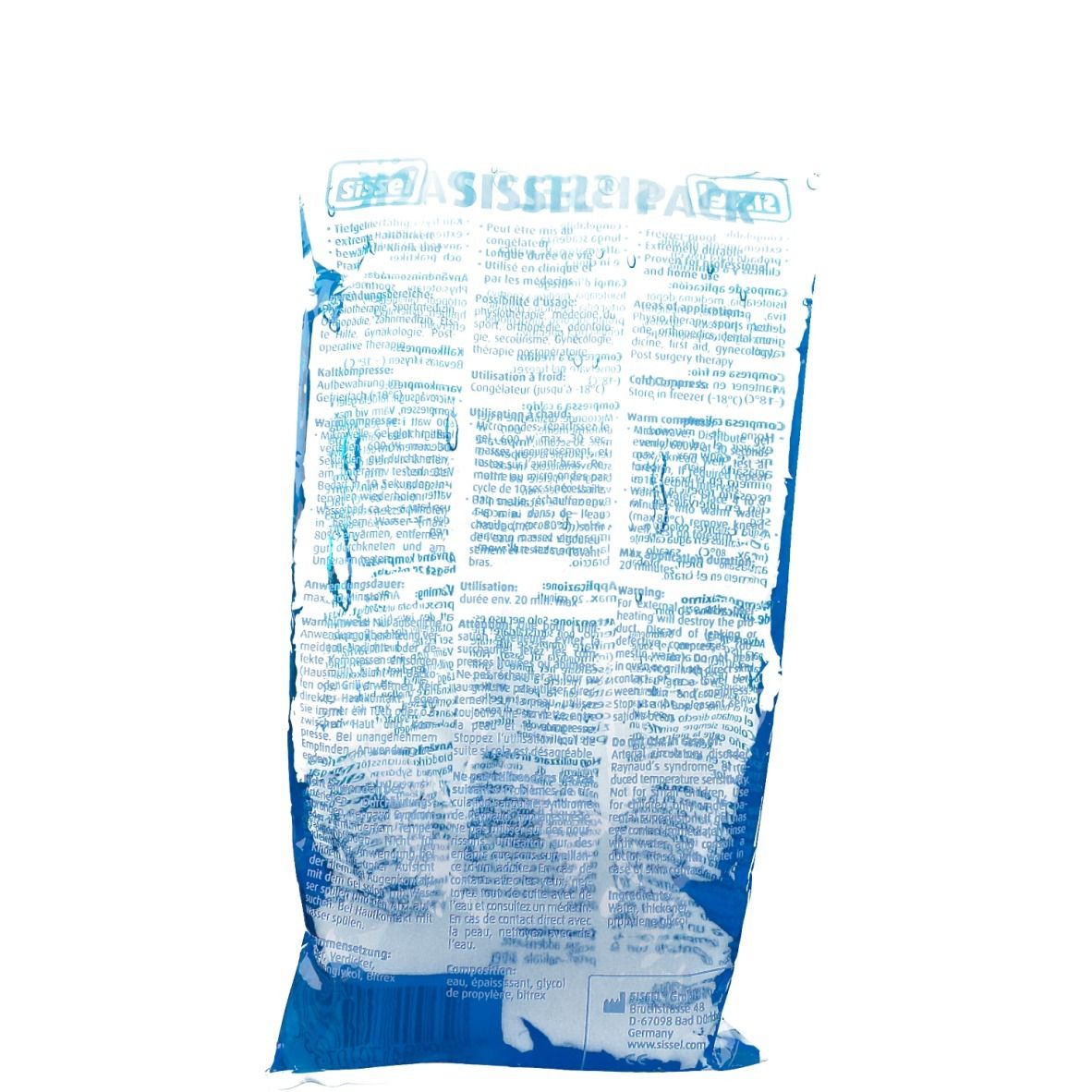 Compresse SISSEL® SELFPACK transparente. Gel bleu dans une enveloppe plastique. Informations imprimées.