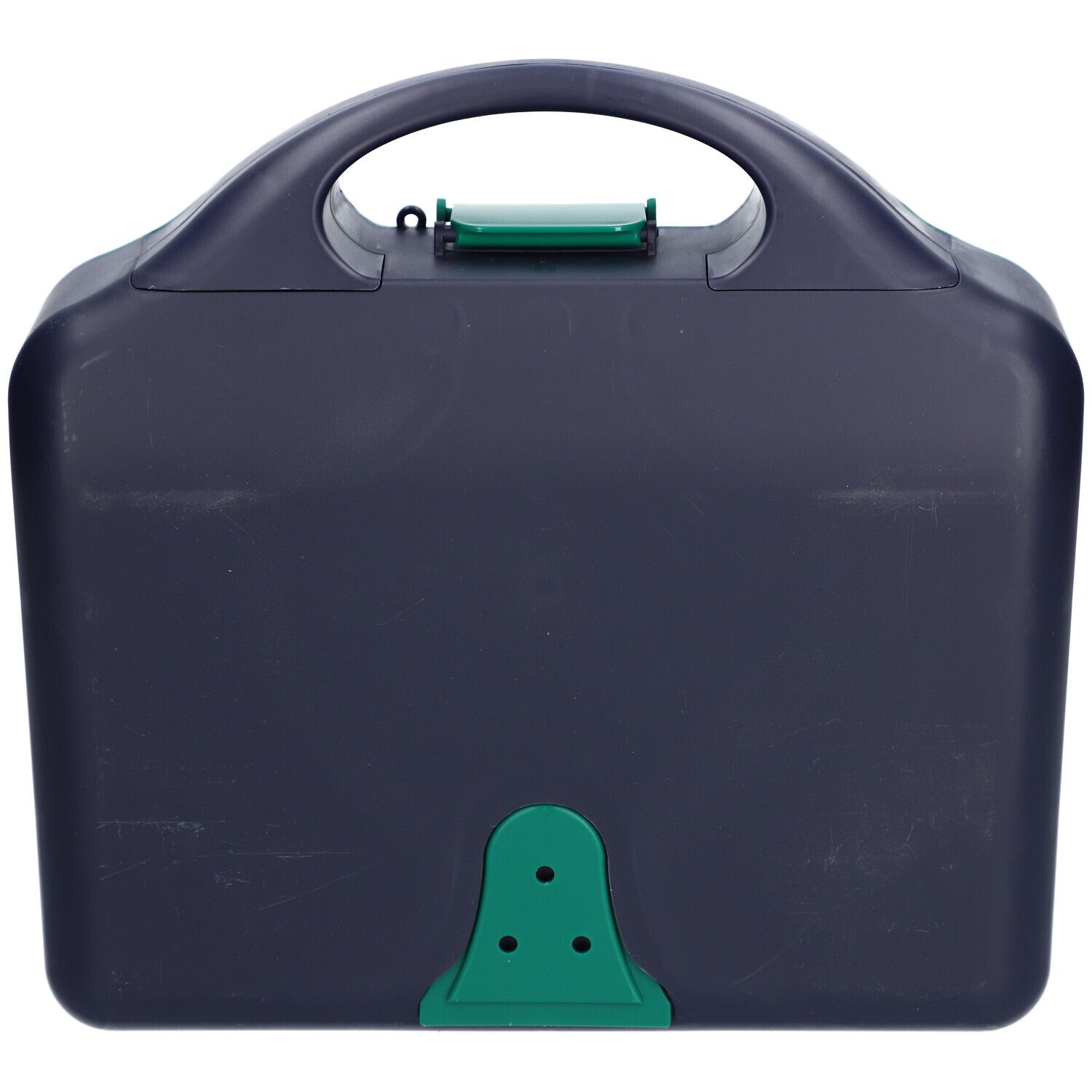 Trousse de premiers secours bleu foncé avec poignée et fermoir. Fermoir et support verts.