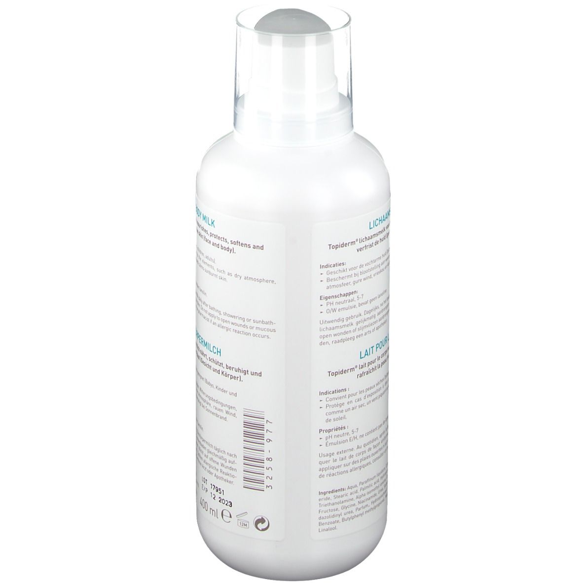 Dos du flacon blanc. Texte en allemand, néerlandais, français. Informations produit, ingrédients, numéro de lot.