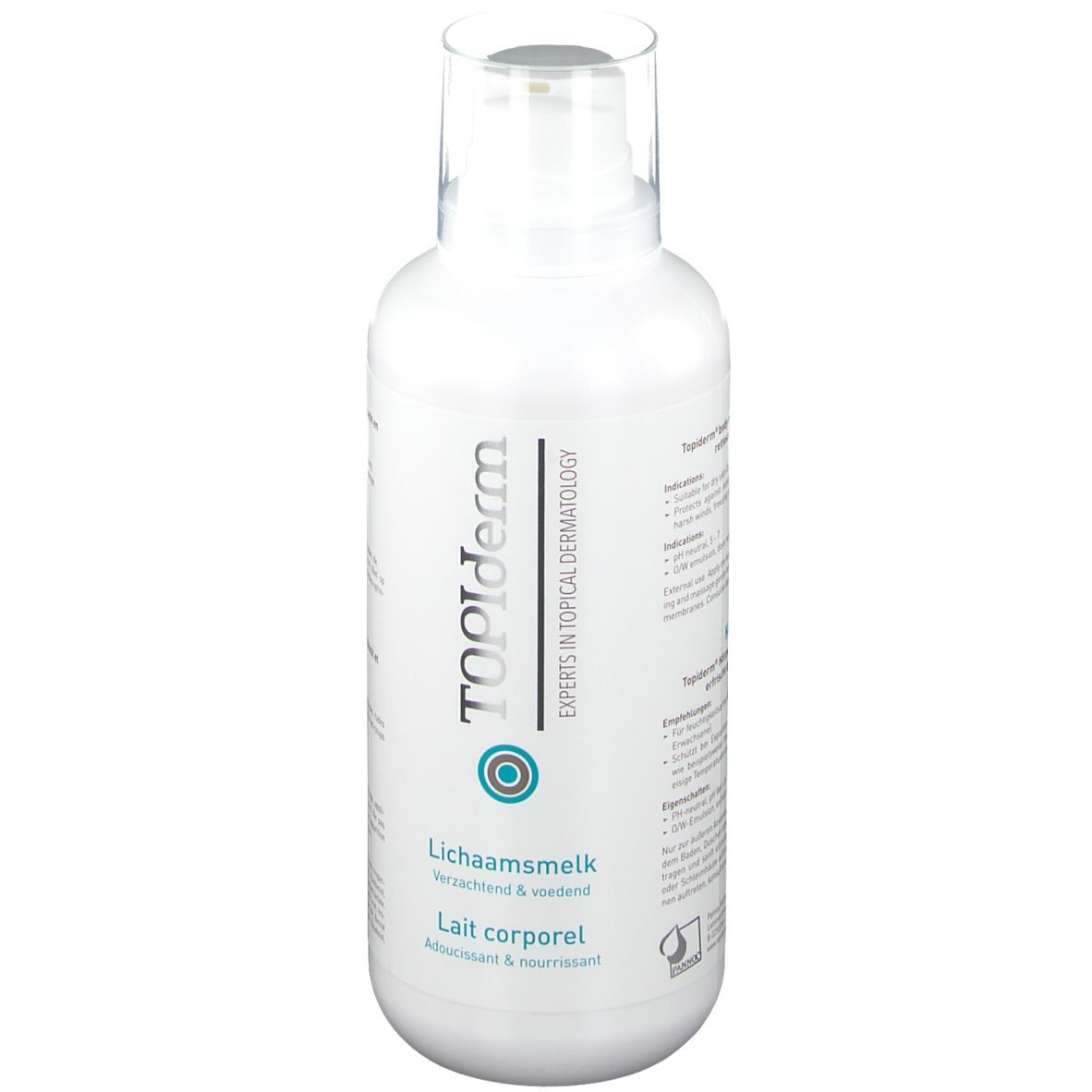 Flacon blanc avec logo TOPIderm. Inscription : Lichaamsmelk, Lait corporel. Flacon avec pompe.
