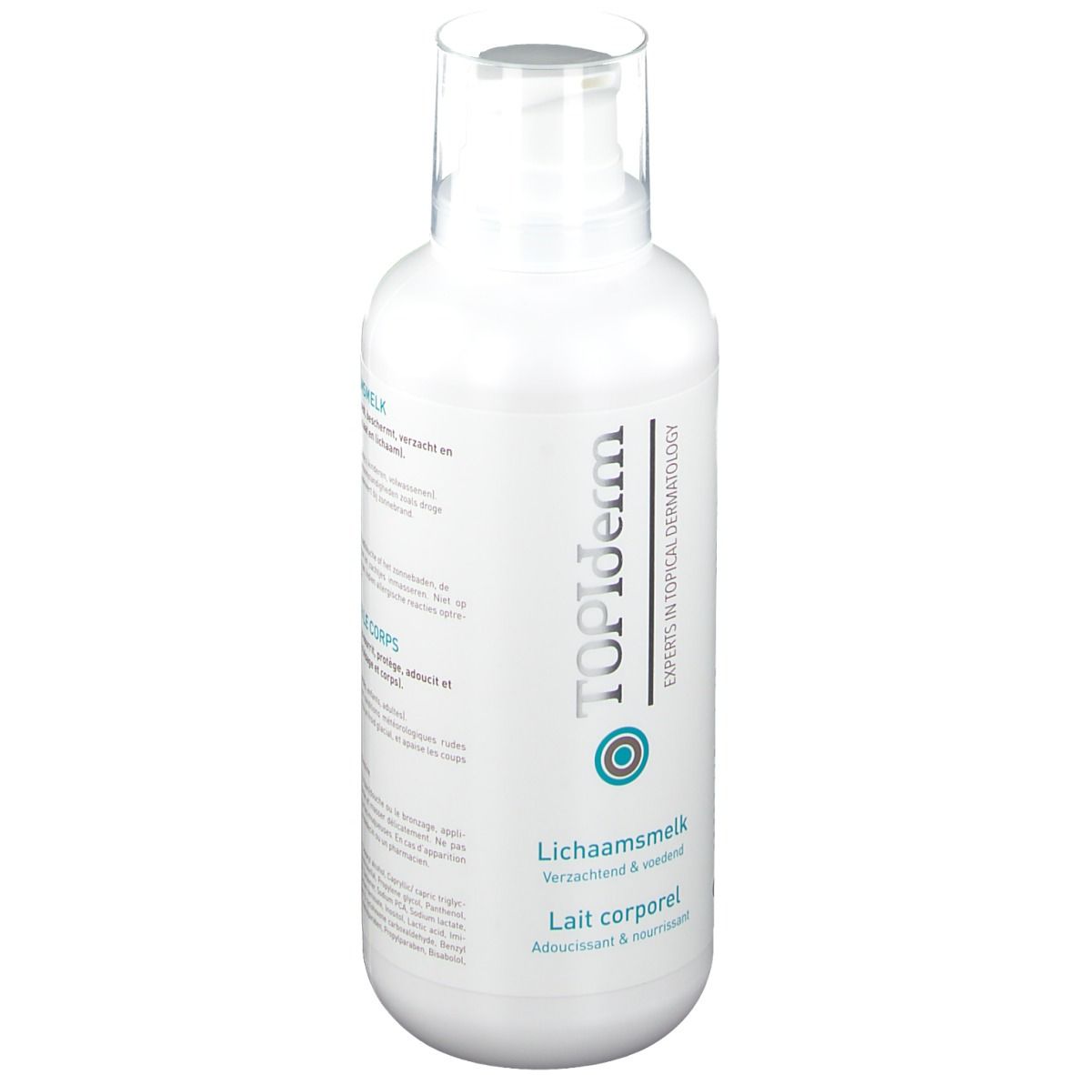 Flacon blanc avec logo TOPIderm. Inscription : Lichaamsmelk, Lait corporel. Flacon avec pompe.