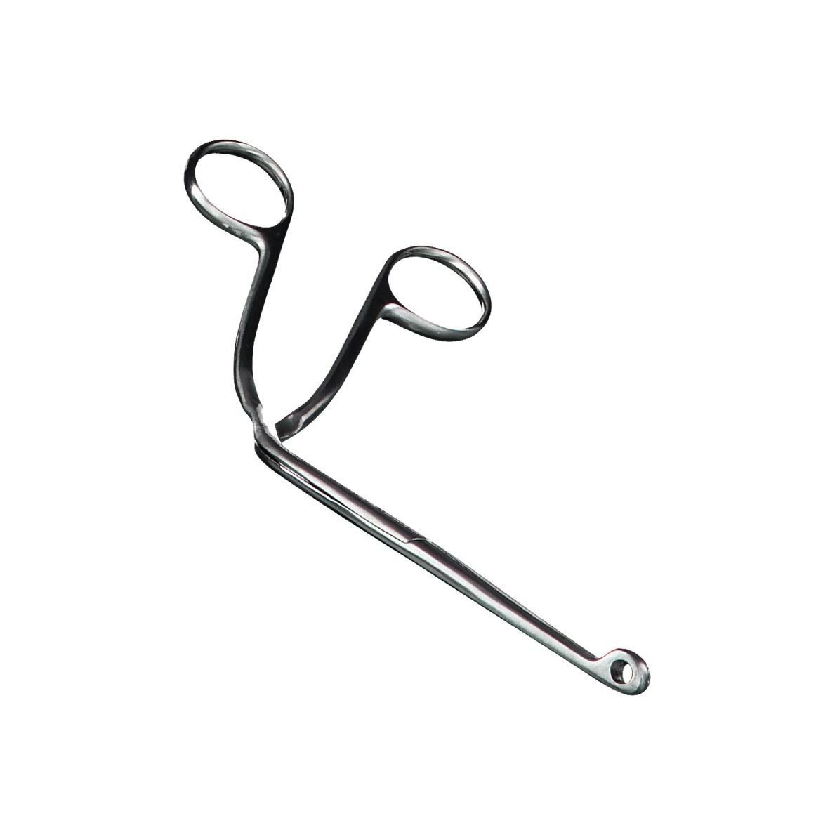 Pince métallique avec anneaux de préhension et pointe incurvée. Instrument médical, isolé sur fond blanc.