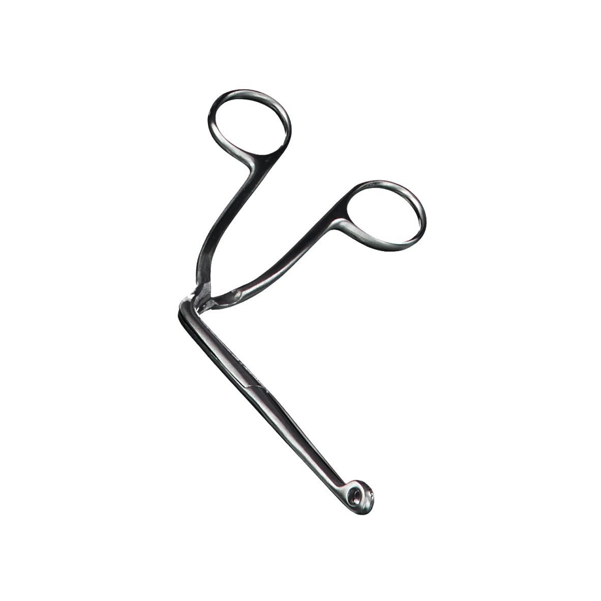 Pince métallique avec anneaux de préhension et pointe incurvée. Instrument médical, isolé sur fond blanc.