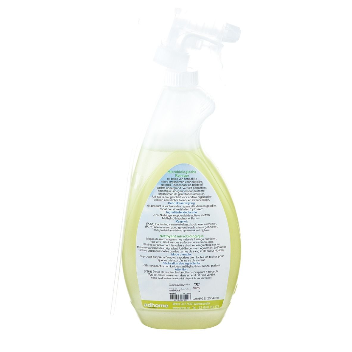 Dos du flacon pulvérisateur. Étiquette jaune avec texte. Liquide transparent visible.