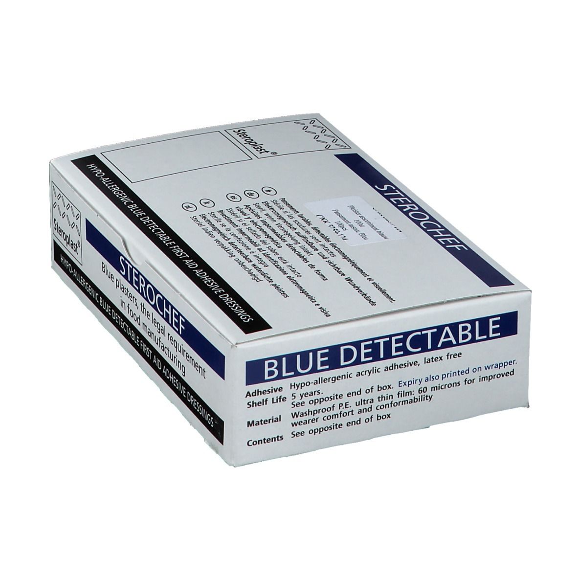 Boîte de pansements bleus. Inscription : STEROCEF, BLUE DETECTABLE. Marque : Steroplast. Détails sur l'emballage.