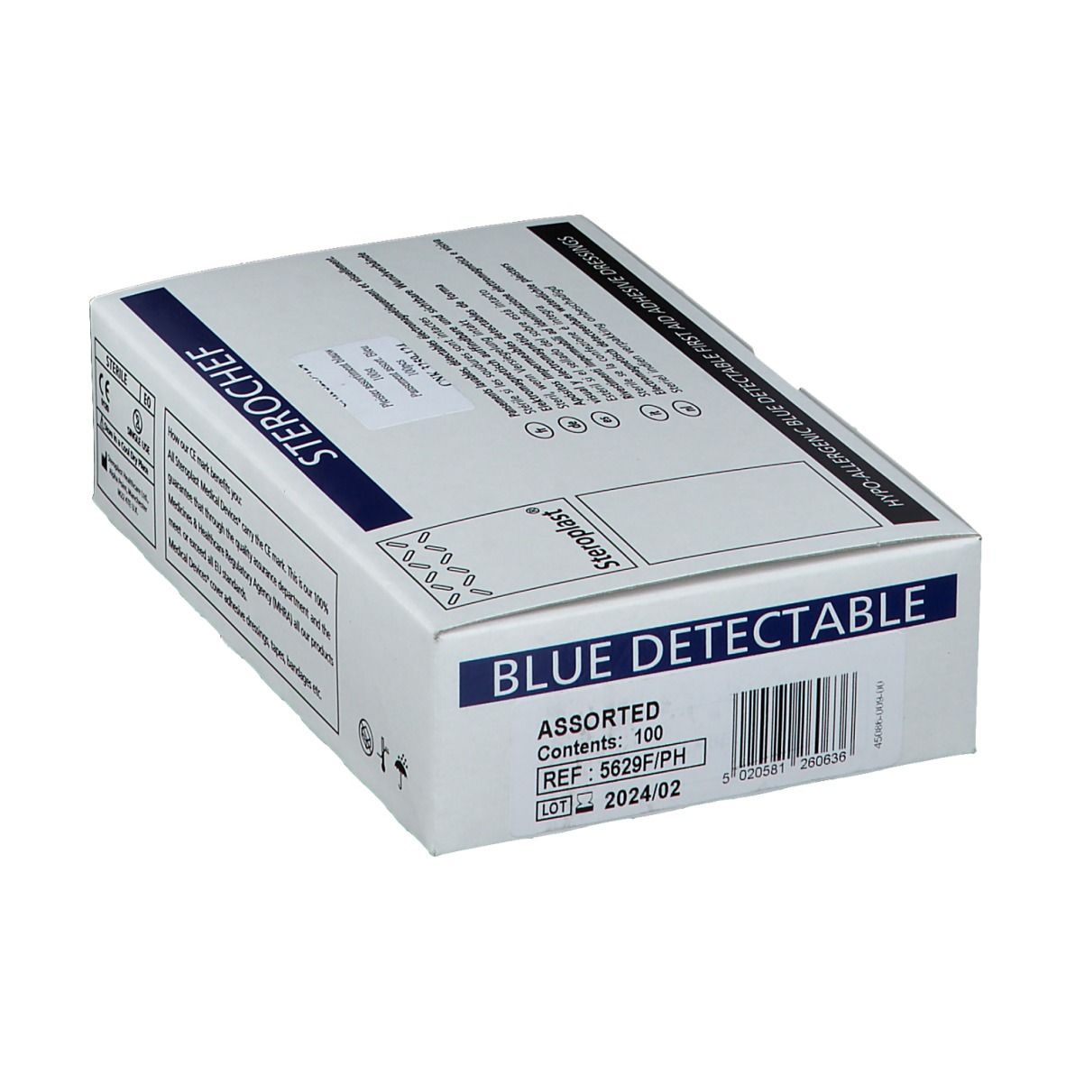 Boîte de pansements bleus. Inscription : STEROCEF, BLUE DETECTABLE. Contenu : 100. Marque : Steroplast.