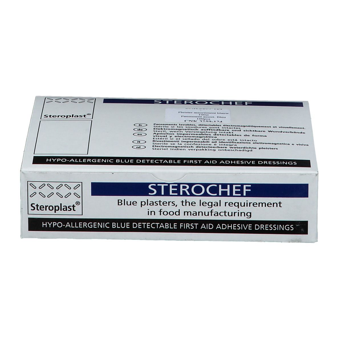 Boîte de pansements bleus. Inscription : STEROCEF, BLUE DETECTABLE. Marque : Steroplast.