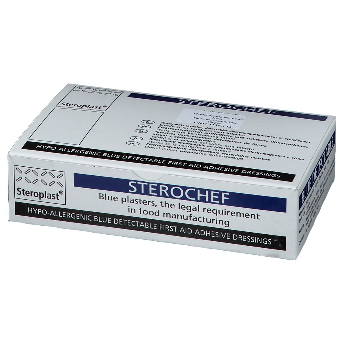Boîte de pansements bleus. Inscription : STEROCEF, BLUE DETECTABLE. Marque : Steroplast.