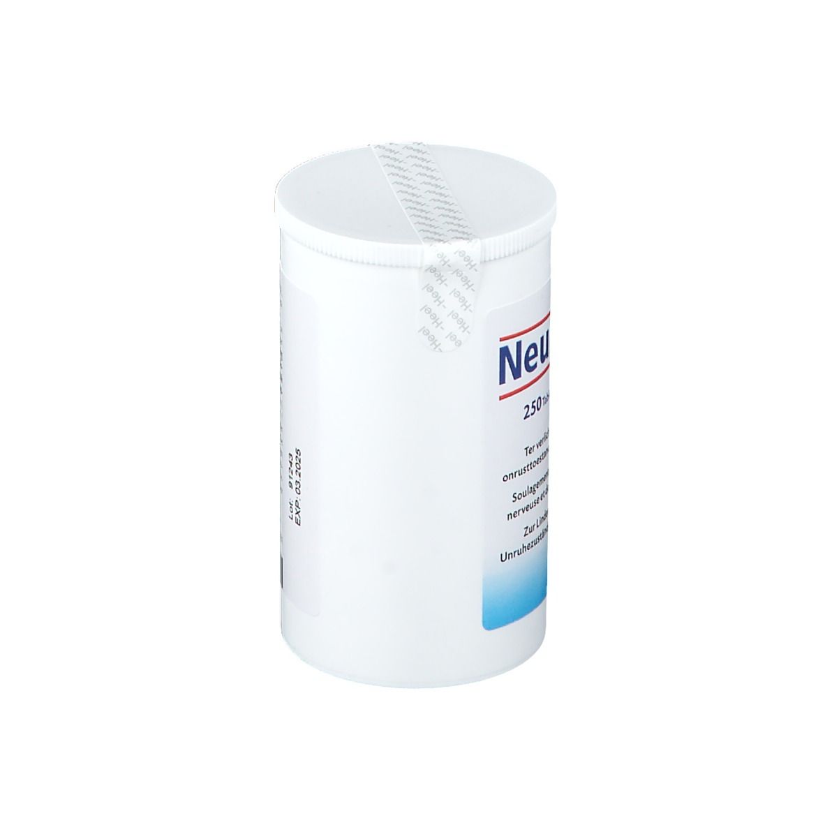 Boîte de comprimés blanche avec "Neurexan". Sceau sur le couvercle. Vue partielle. Date d'expiration : 03.2025.