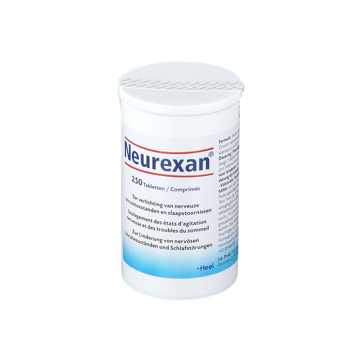 Boîte de comprimés blanche avec "Neurexan". Contient 250 comprimés. Texte en allemand, néerlandais et français. Sceau sur le couvercle.