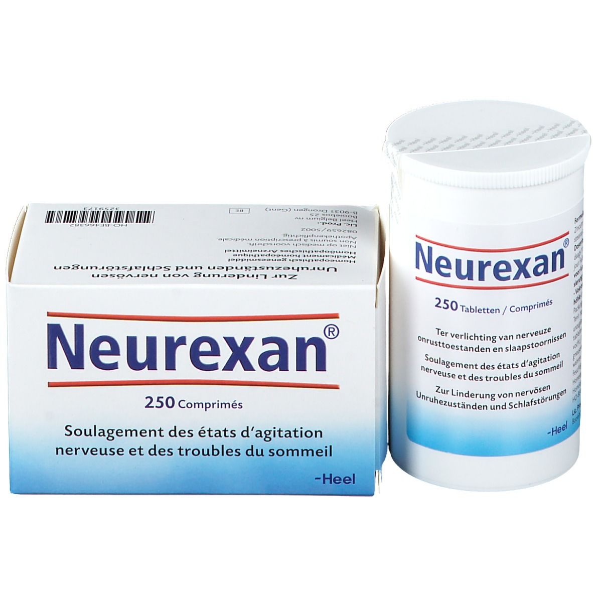 Boîte et flacon de comprimés blancs avec "Neurexan". Contient 250 comprimés. Texte en allemand, néerlandais et français.